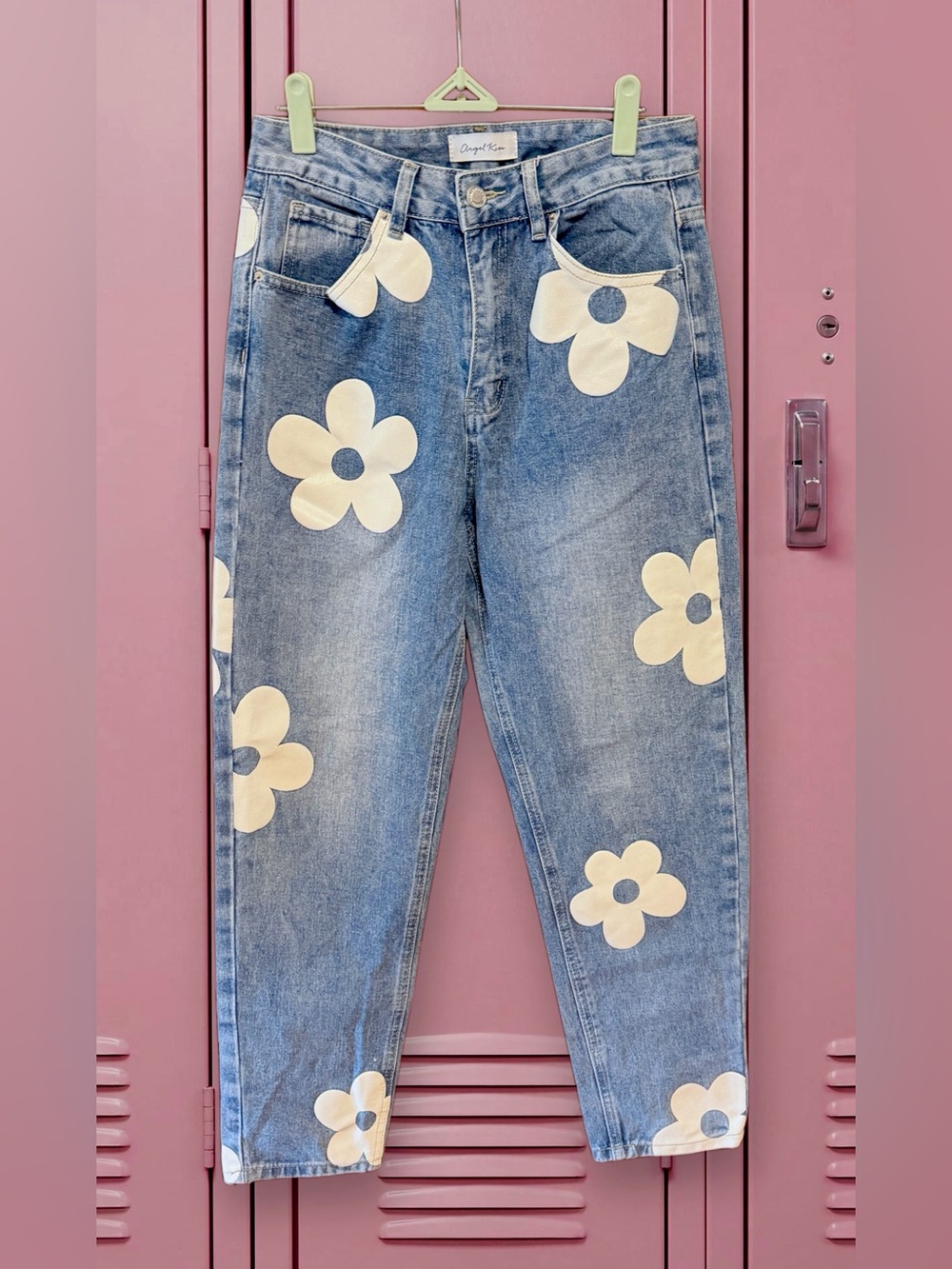 Angel Kiss Light Blue Denim Boyfriend Jeans with Cream Floral Print size 7/28